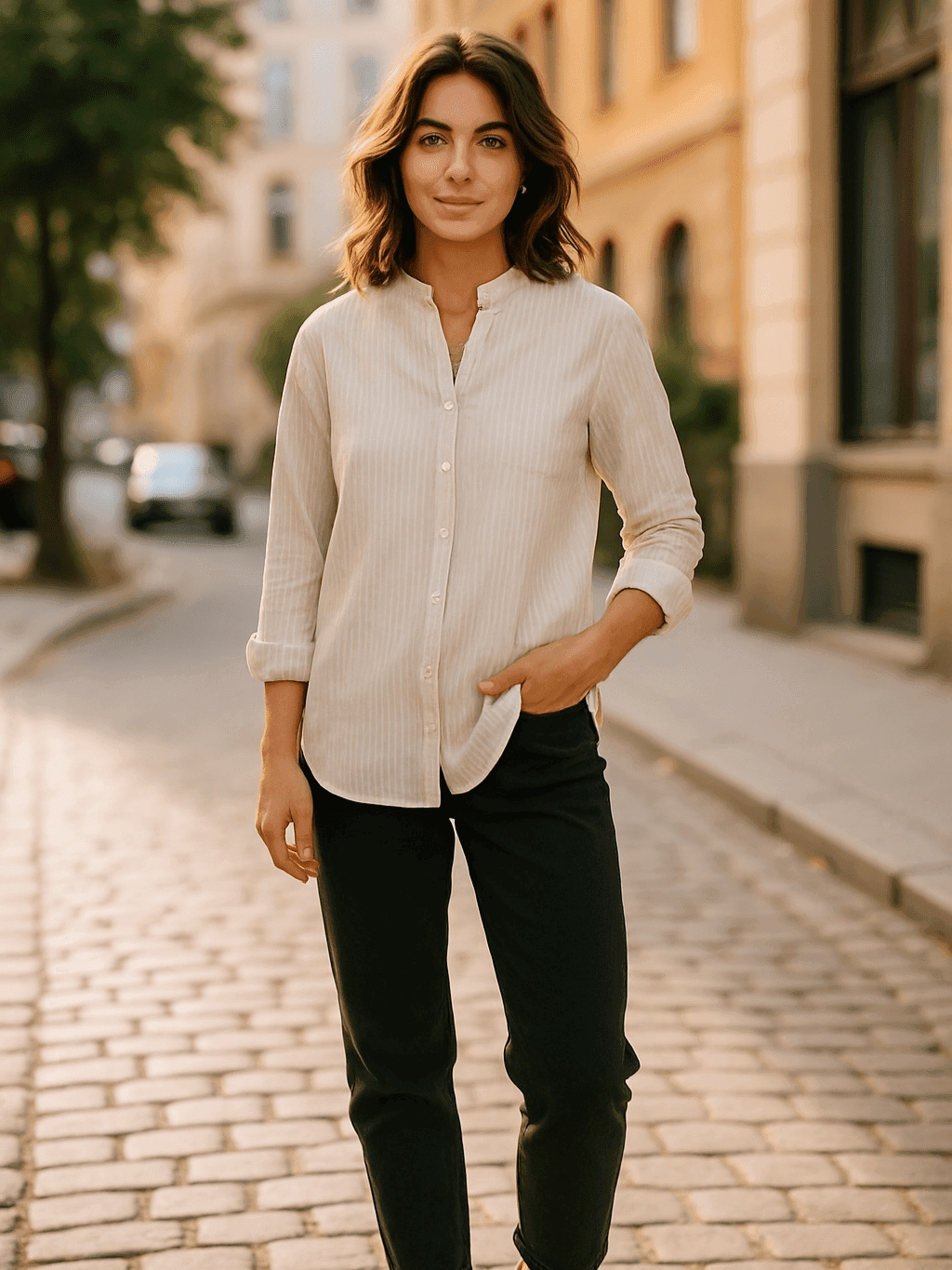 Beige and White Striped Linen Shirt